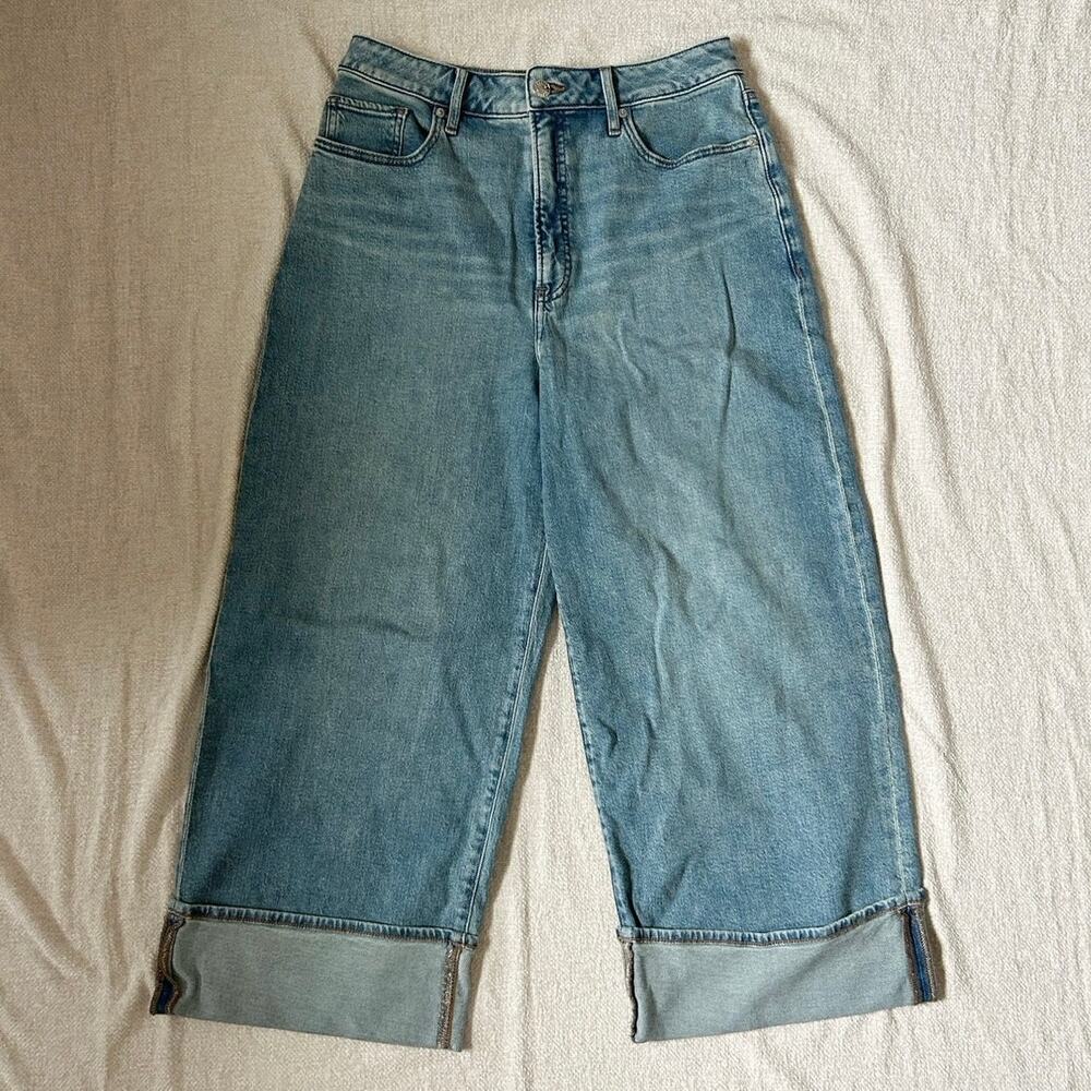 petite blue light wash denim express wide leg cuffed jeans baggy lowrise stretch